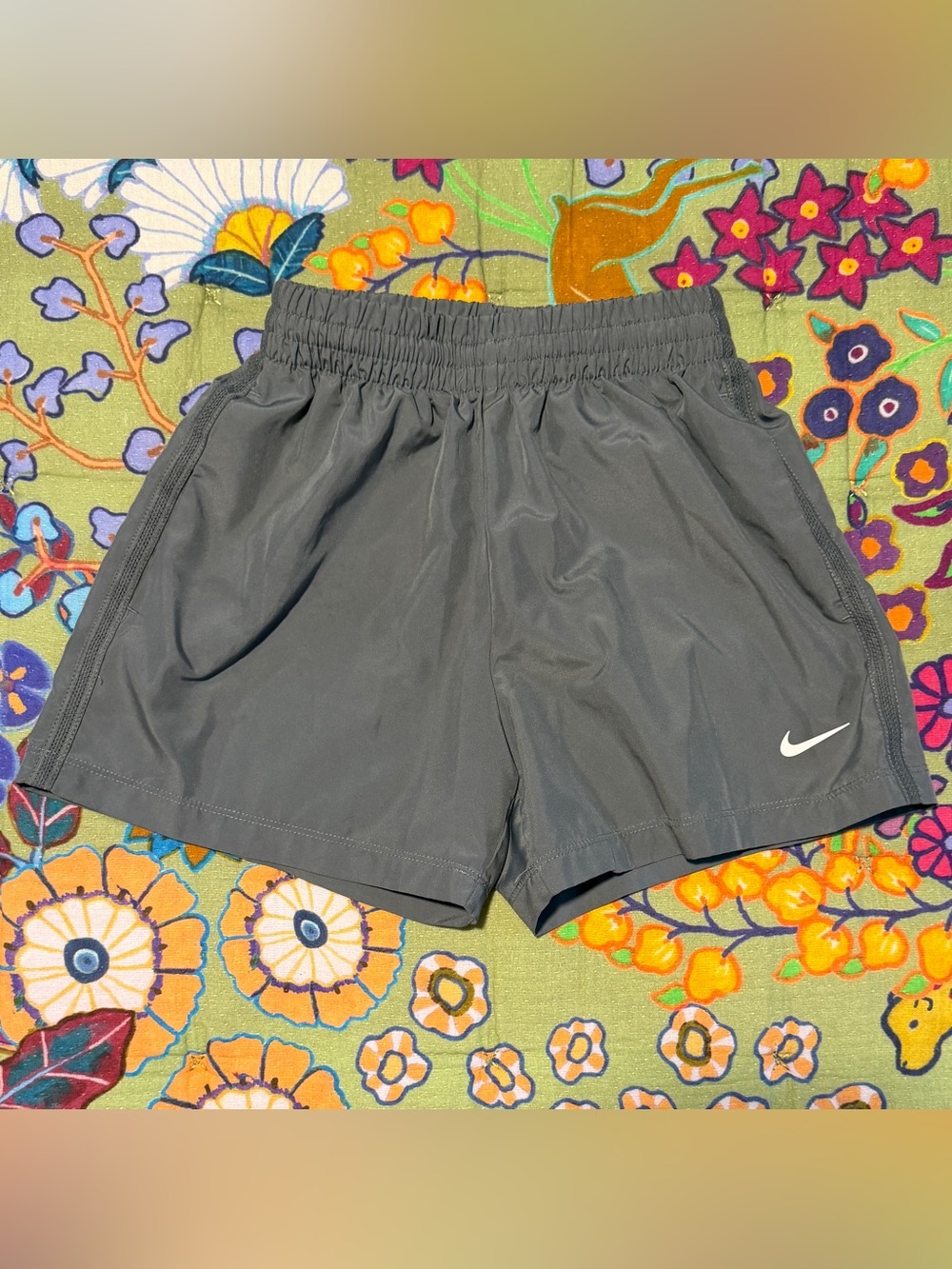 Nike Charcoal Gray Running Shorts with White Swoosh